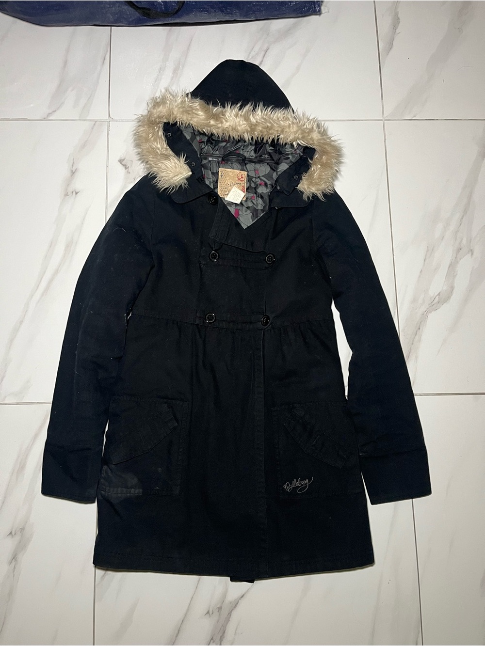 Billabong Black Hooded Coat with Faux Fur Trim